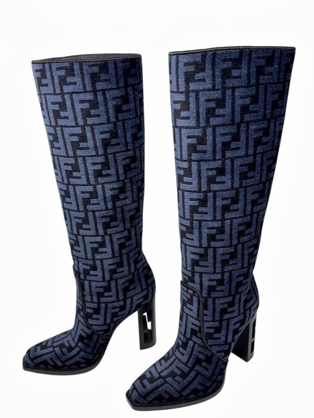 Fendi FF Monogram Jacquard Cutout Heel Knee-High Boots
